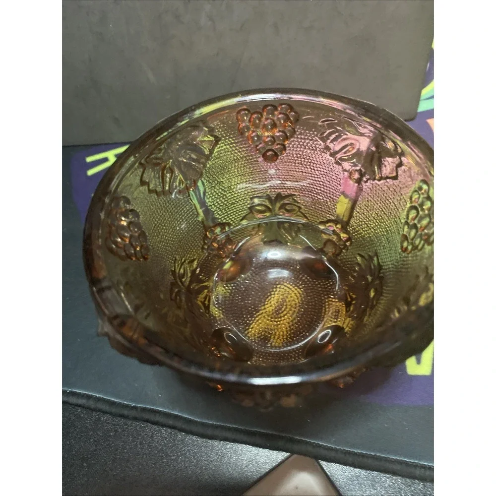 Peach by Jeannette Footed Candy dish and lid, grapes, stippled Glass Vintage
